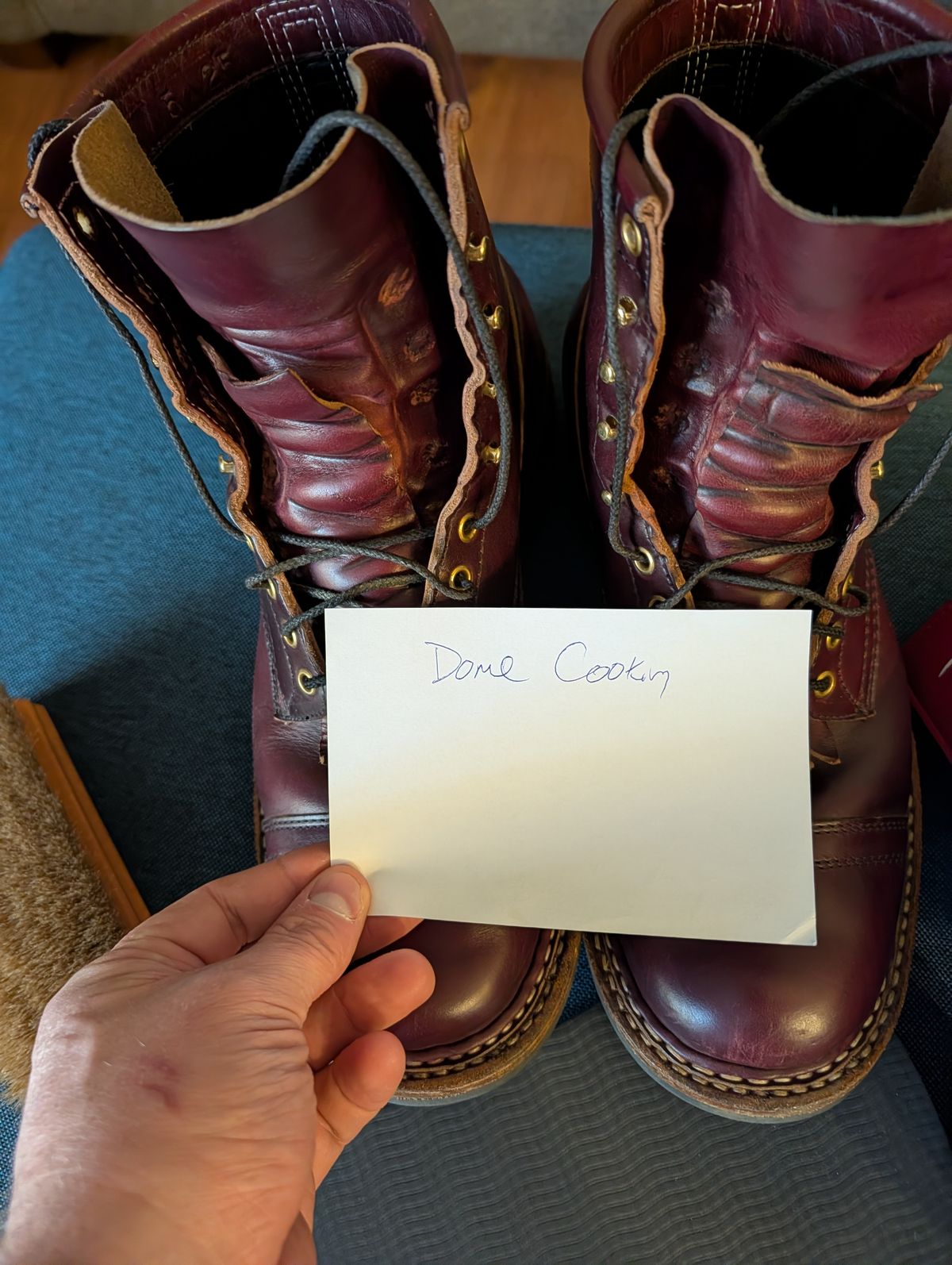 Photo by workwearfit on November 2, 2025 of the White's Bounty Hunter in Horween Burgundy Chromexcel Horsehide.