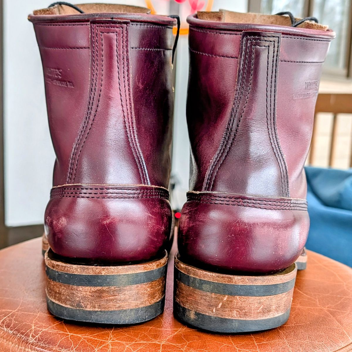 Photo by workwearfit on December 5, 2025 of the White's Bounty Hunter in Horween Burgundy Chromexcel Horsehide.