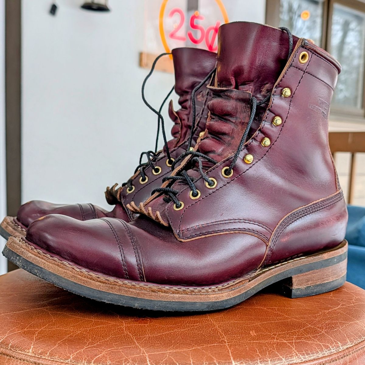Photo by workwearfit on December 5, 2025 of the White's Bounty Hunter in Horween Burgundy Chromexcel Horsehide.