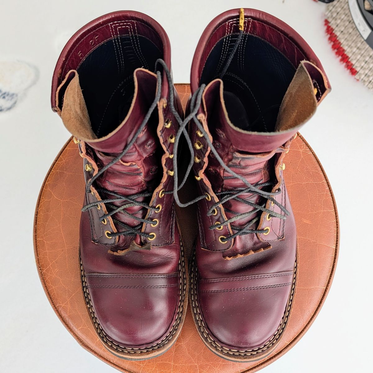 Photo by workwearfit on January 4, 2026 of the White's Bounty Hunter in Horween Burgundy Chromexcel Horsehide.