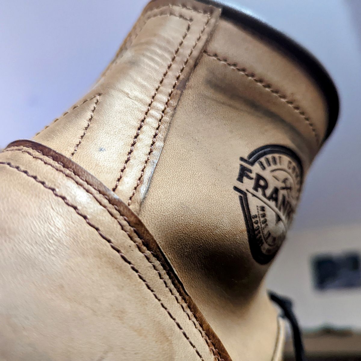Photo by workwearfit on November 5, 2022 of the Frank's Boots Lace-To-Toe in Horween Russet Horsehide Strips.