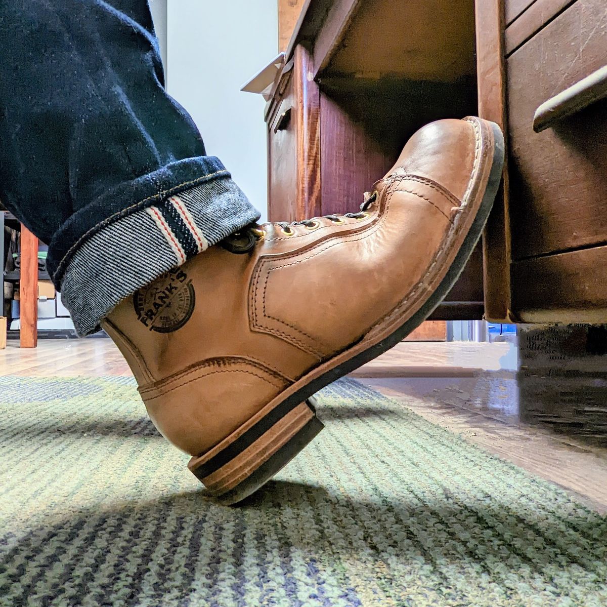 Photo by workwearfit on November 28, 2022 of the Frank's Boots Lace-To-Toe in Horween Russet Horsehide Strips.