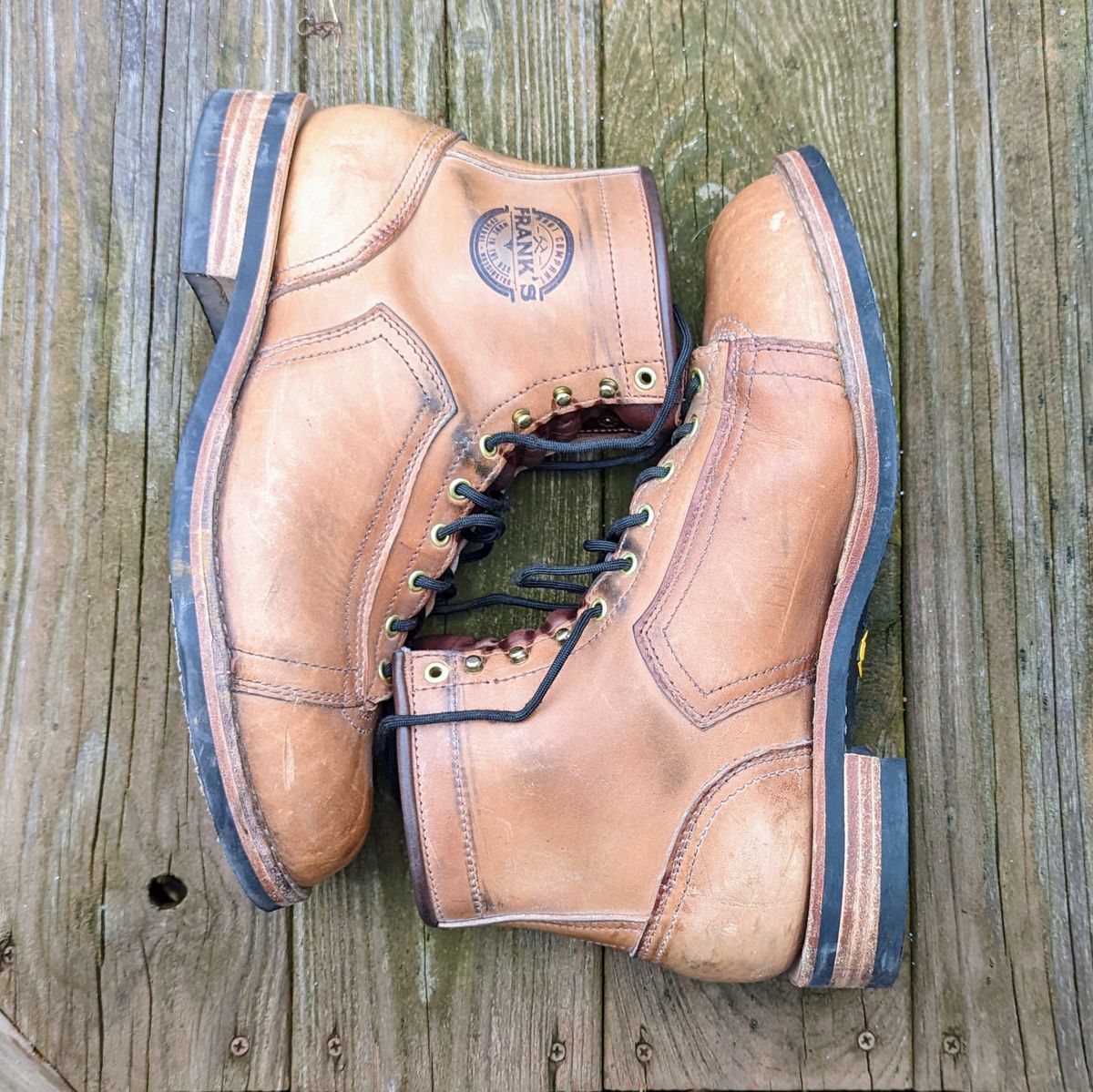 Photo by workwearfit on December 3, 2022 of the Frank's Boots Lace-To-Toe in Horween Russet Horsehide Strips.