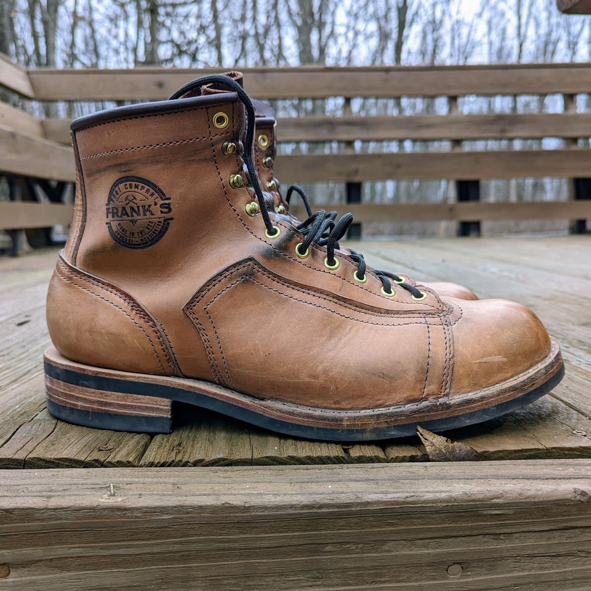 Photo by workwearfit on December 3, 2022 of the Frank's Boots Lace-To-Toe in Horween Russet Horsehide Strips.