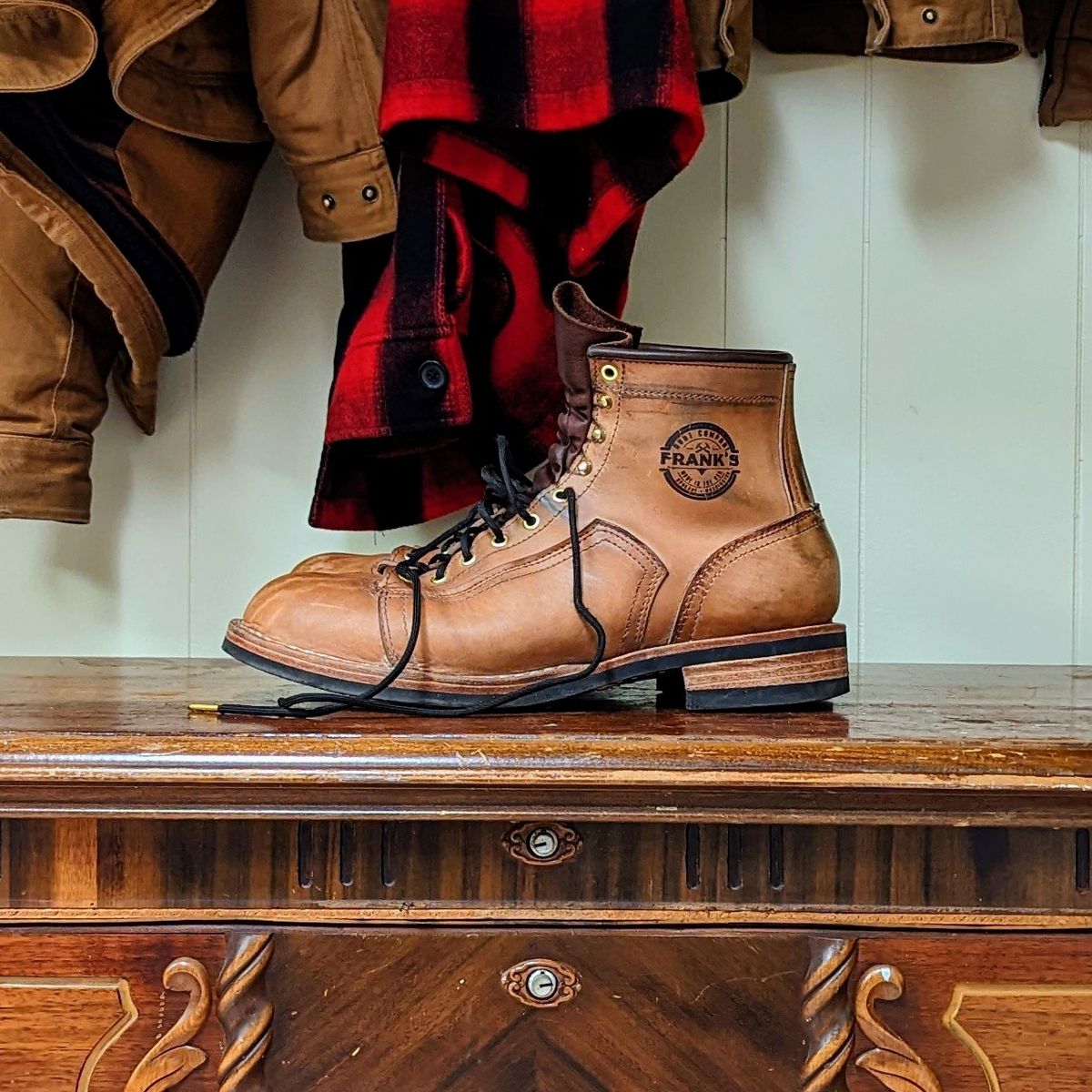 Photo by workwearfit on December 8, 2022 of the Frank's Boots Lace-To-Toe in Horween Russet Horsehide Strips.