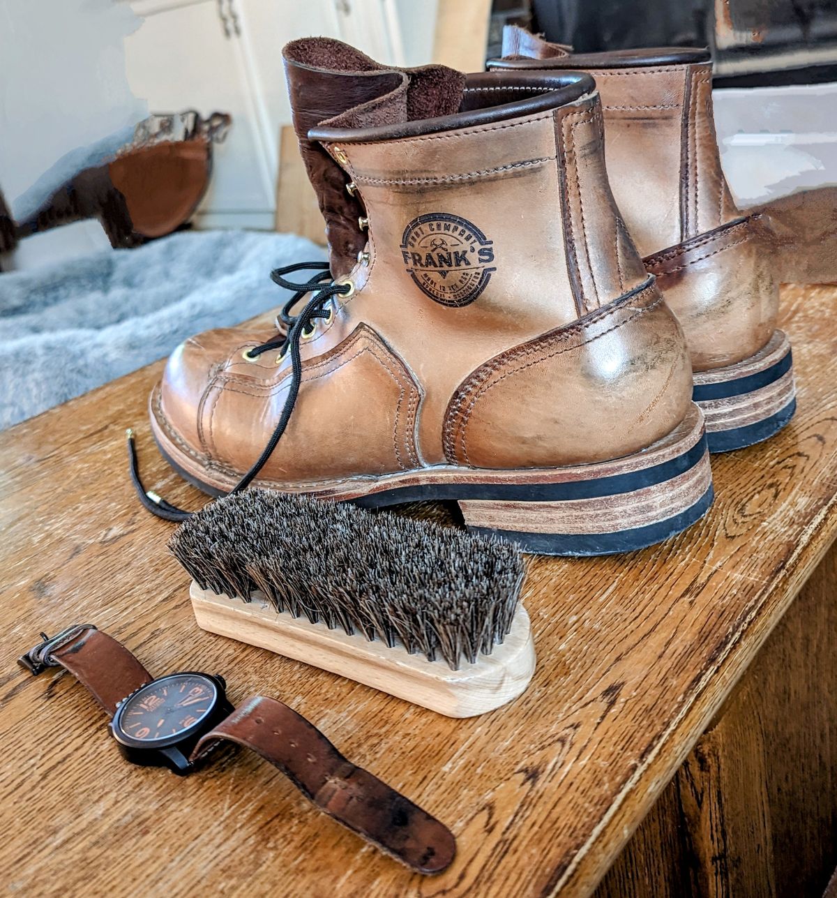 Photo by workwearfit on December 25, 2022 of the Frank's Boots Lace-To-Toe in Horween Russet Horsehide Strips.