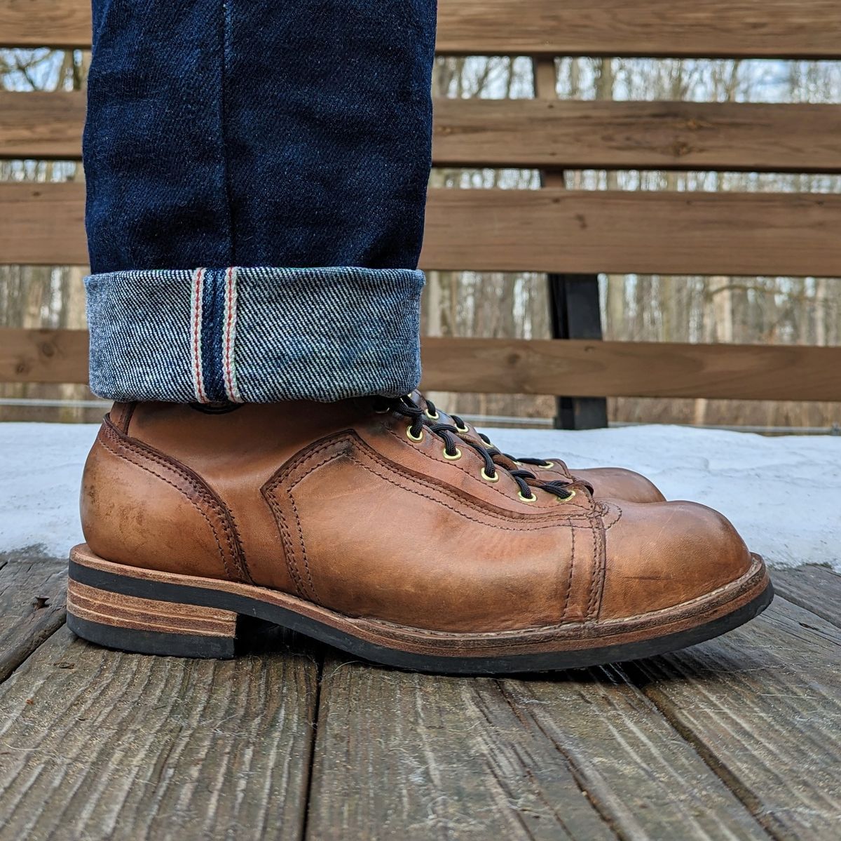 Photo by workwearfit on January 1, 2023 of the Frank's Boots Lace-To-Toe in Horween Russet Horsehide Strips.