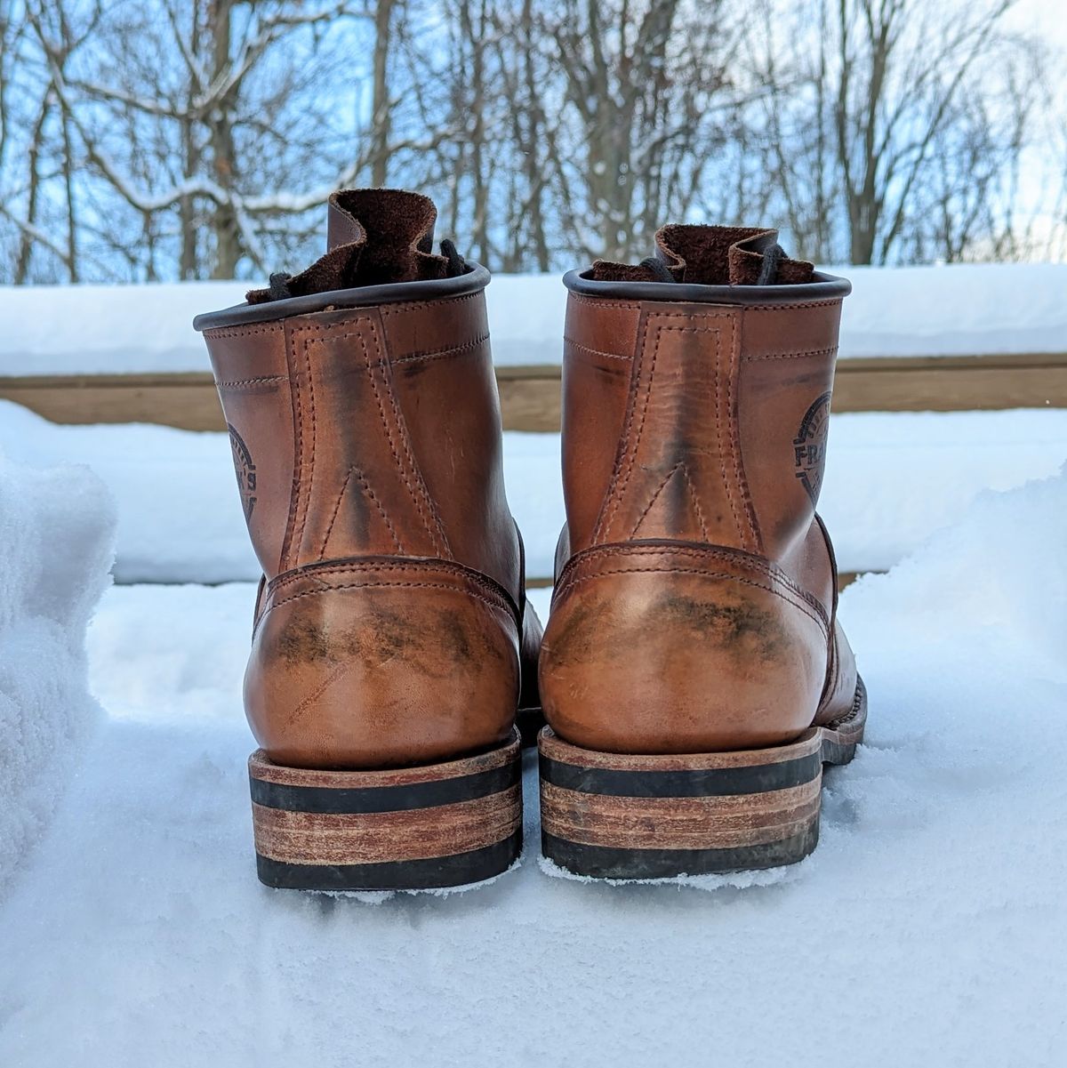 Photo by theworkwearkit on February 1, 2023 of the Frank's Boots Lace-To-Toe in Horween Russet Horsehide Strips.