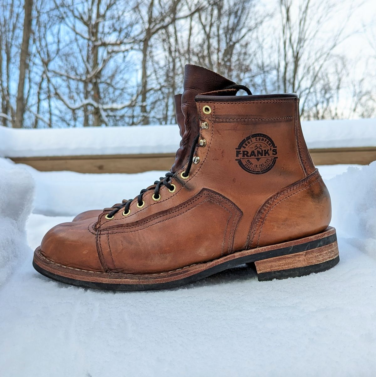 Photo by theworkwearkit on February 1, 2023 of the Frank's Boots Lace-To-Toe in Horween Russet Horsehide Strips.