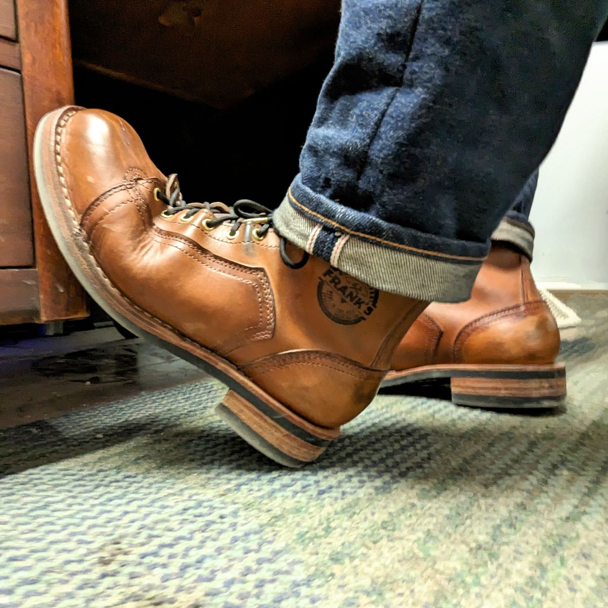 Photo by theworkwearkit on February 1, 2023 of the Frank's Boots Lace-To-Toe in Horween Russet Horsehide Strips.