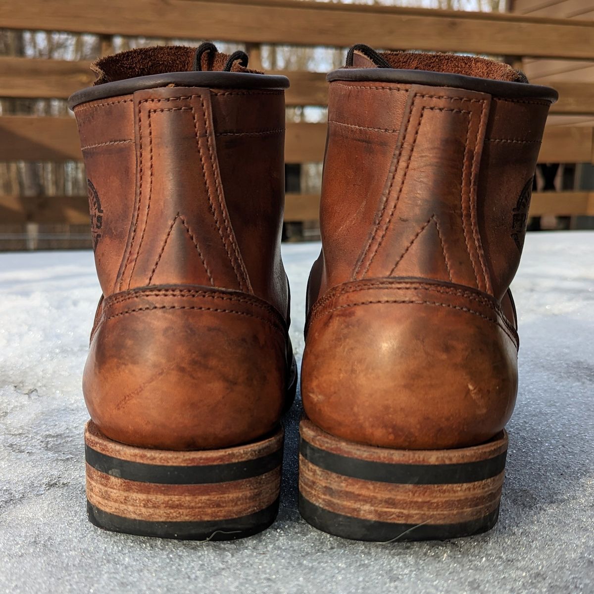 Photo by theworkwearkit on March 1, 2023 of the Frank's Boots Lace-To-Toe in Horween Russet Horsehide Strips.