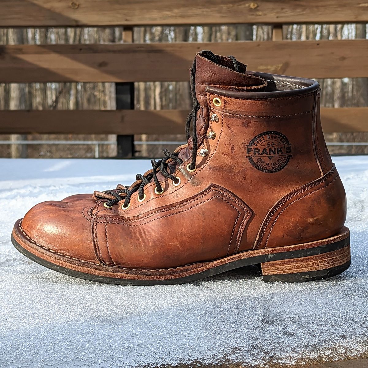 Photo by theworkwearkit on March 1, 2023 of the Frank's Boots Lace-To-Toe in Horween Russet Horsehide Strips.