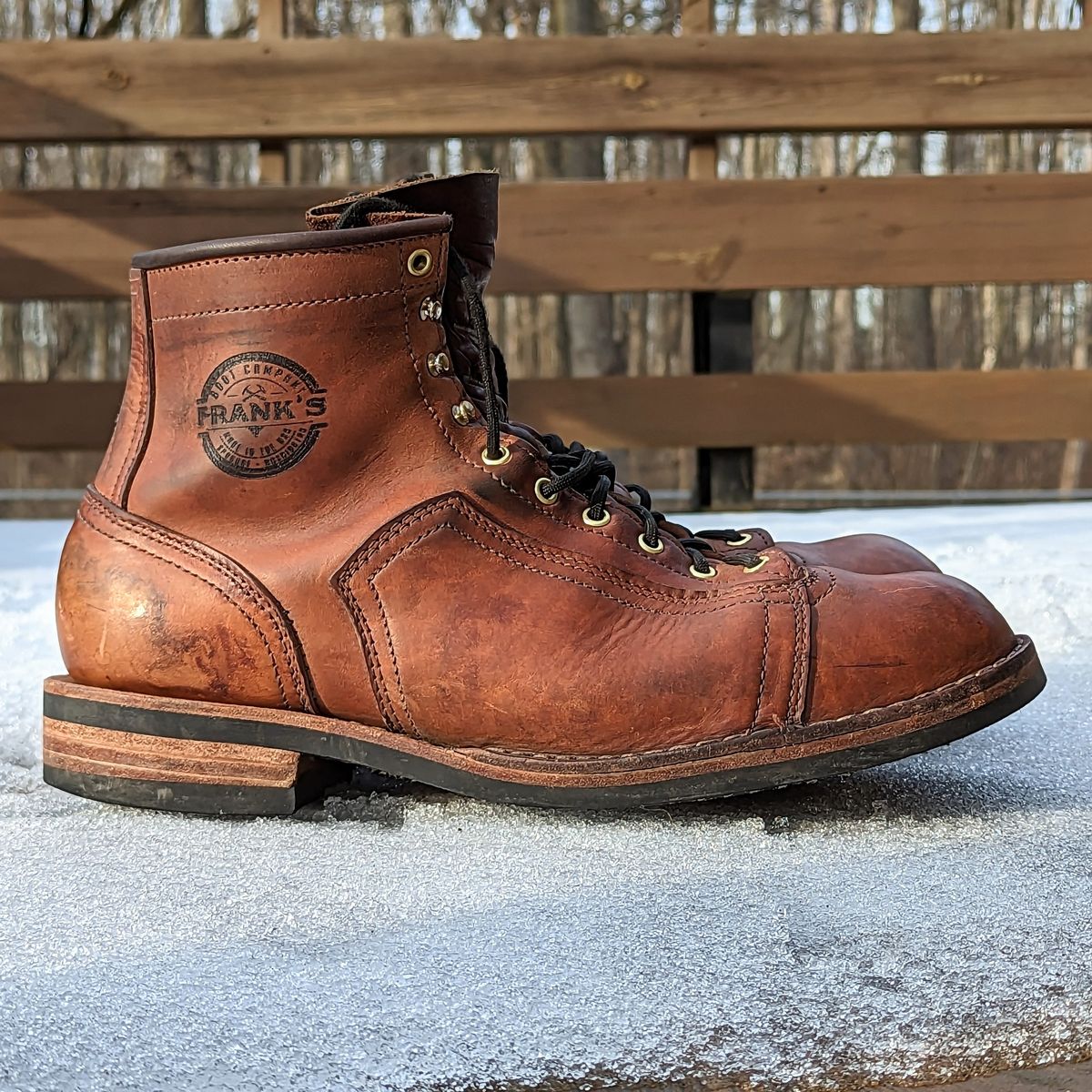 Photo by theworkwearkit on March 1, 2023 of the Frank's Boots Lace-To-Toe in Horween Russet Horsehide Strips.