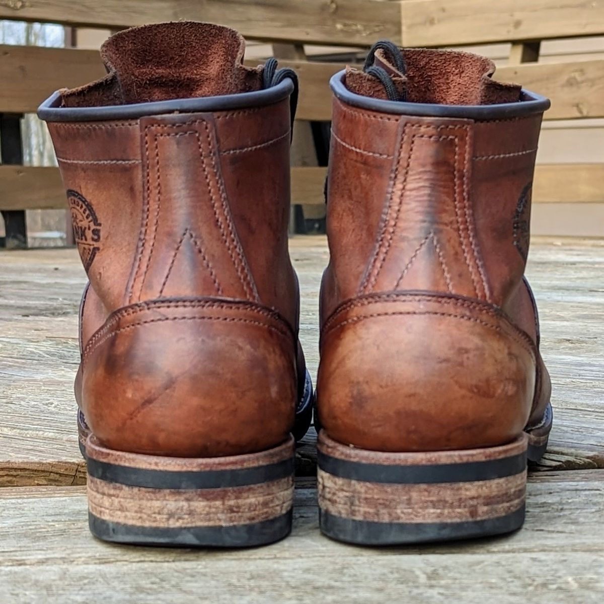 Photo by theworkwearkit on April 3, 2023 of the Frank's Boots Lace-To-Toe in Horween Russet Horsehide Strips.