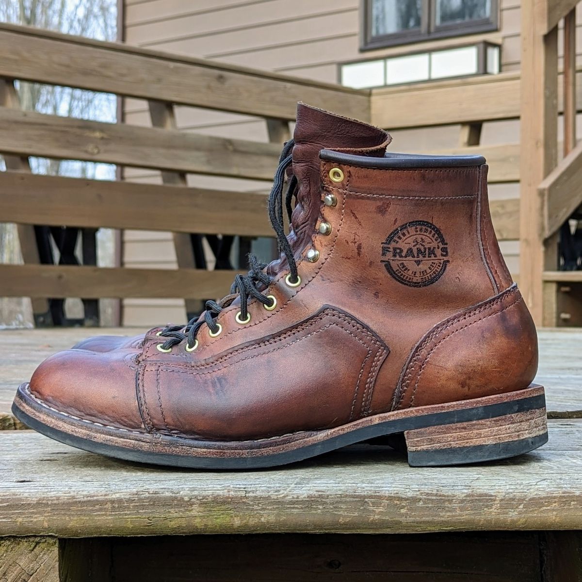 Photo by theworkwearkit on April 3, 2023 of the Frank's Boots Lace-To-Toe in Horween Russet Horsehide Strips.