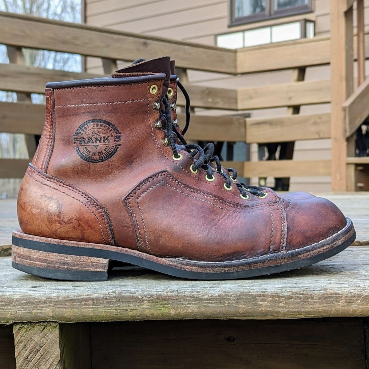 Photo by theworkwearkit on April 3, 2023 of the Frank's Boots Lace-To-Toe in Horween Russet Horsehide Strips.