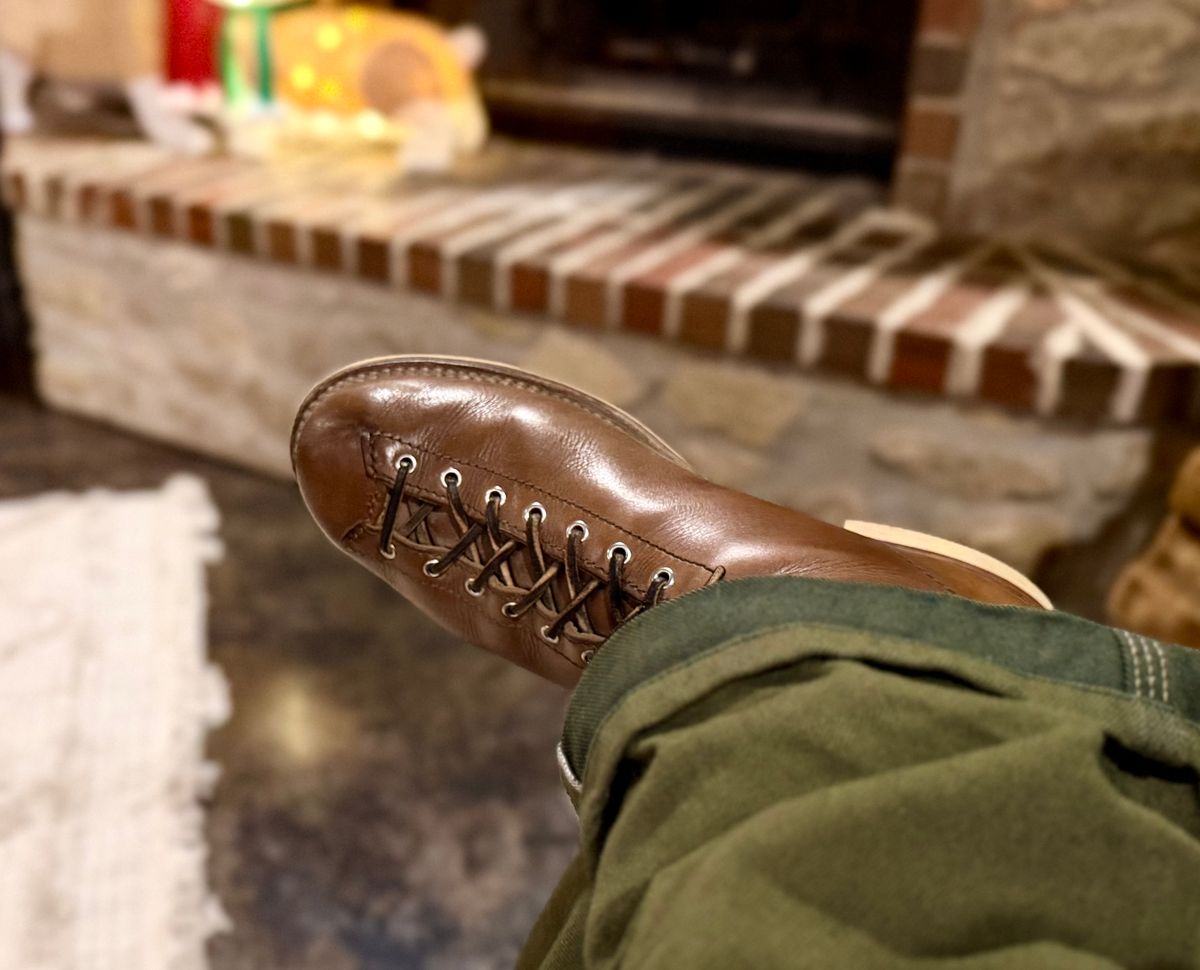 Photo by Bedrock on November 14, 2025 of the Oldspeed MFG Wholecut Monkey in Horween Natural Chromexcel.