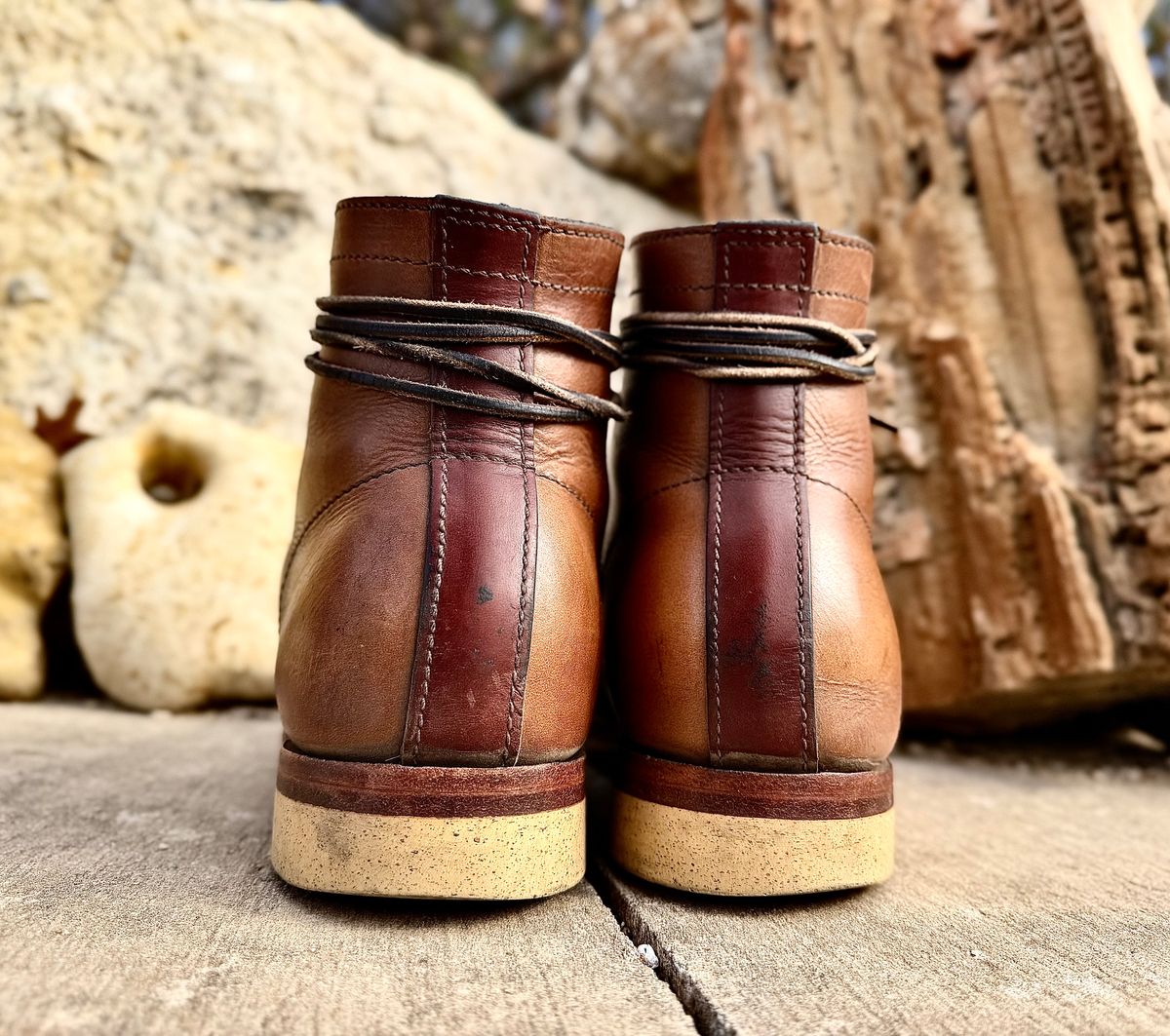 Photo by Bedrock on January 1, 2026 of the Oldspeed MFG Wholecut Monkey in Horween Natural Chromexcel.