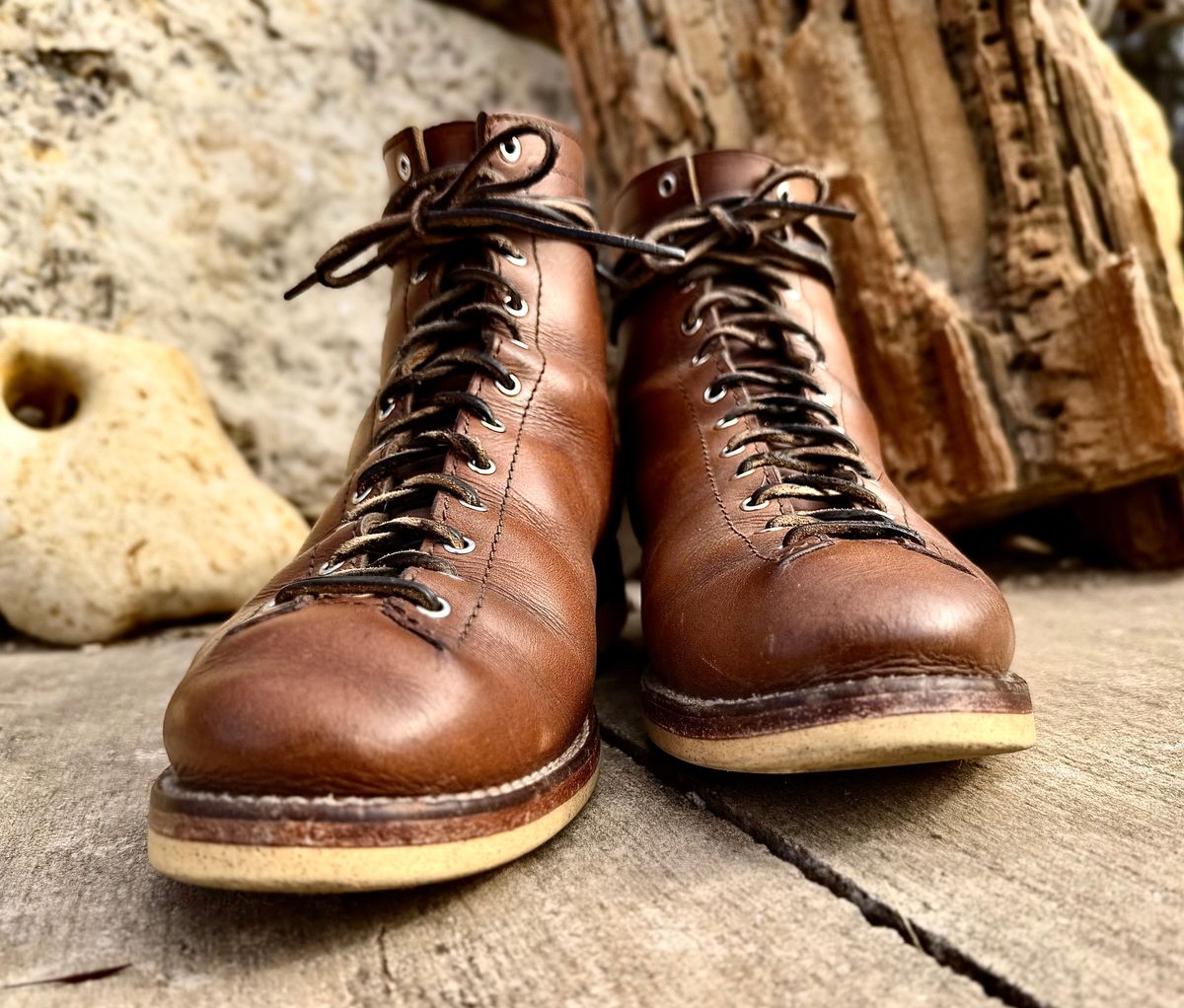 Photo by Bedrock on January 1, 2026 of the Oldspeed MFG Wholecut Monkey in Horween Natural Chromexcel.