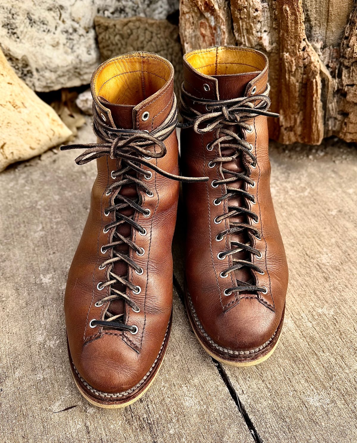 Photo by Bedrock on January 1, 2026 of the Oldspeed MFG Wholecut Monkey in Horween Natural Chromexcel.