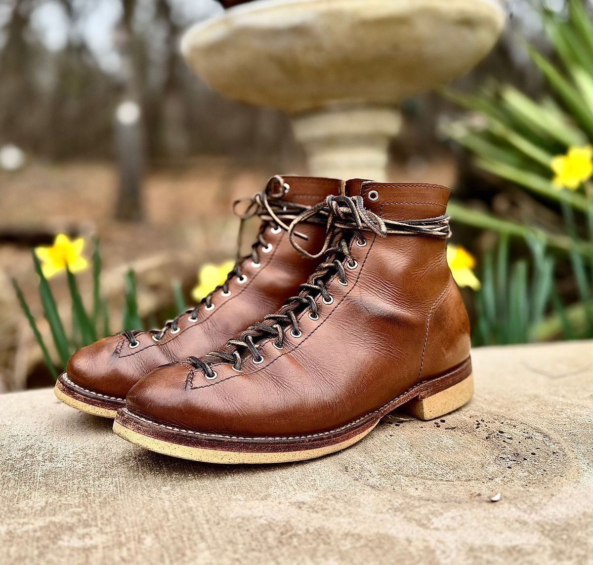 Photo by Bedrock on March 1, 2026 of the Oldspeed MFG Wholecut Monkey in Horween Natural Chromexcel.