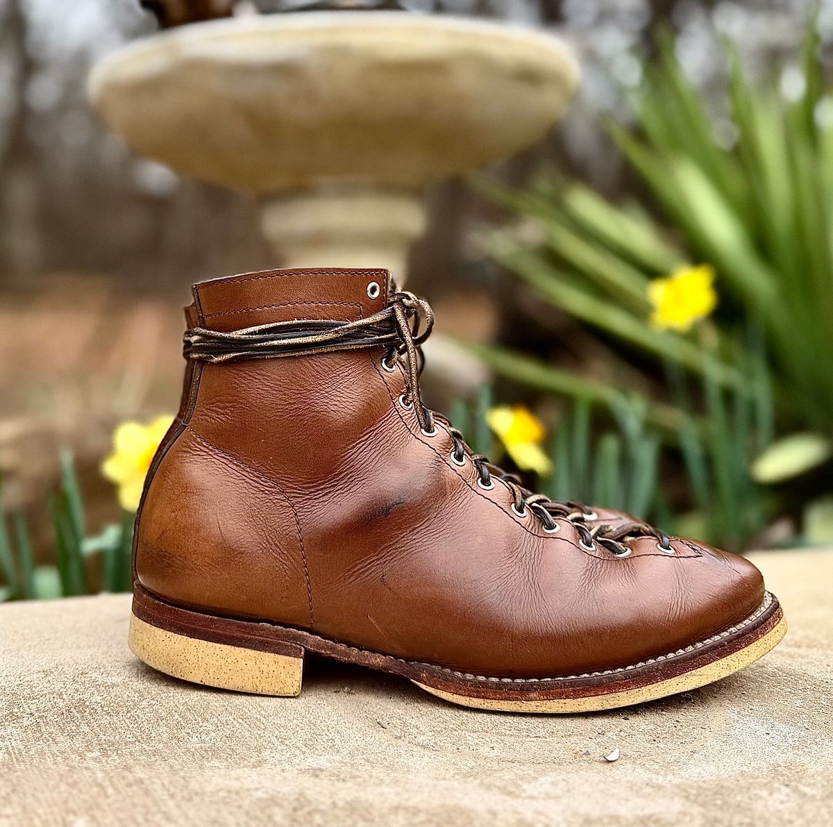 Photo by Bedrock on March 1, 2026 of the Oldspeed MFG Wholecut Monkey in Horween Natural Chromexcel.