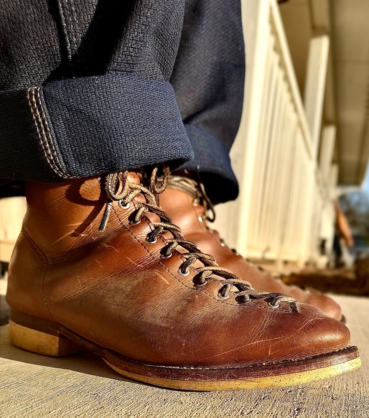 Photo by Bedrock on March 18, 2026 of the Oldspeed MFG Wholecut Monkey in Horween Natural Chromexcel.