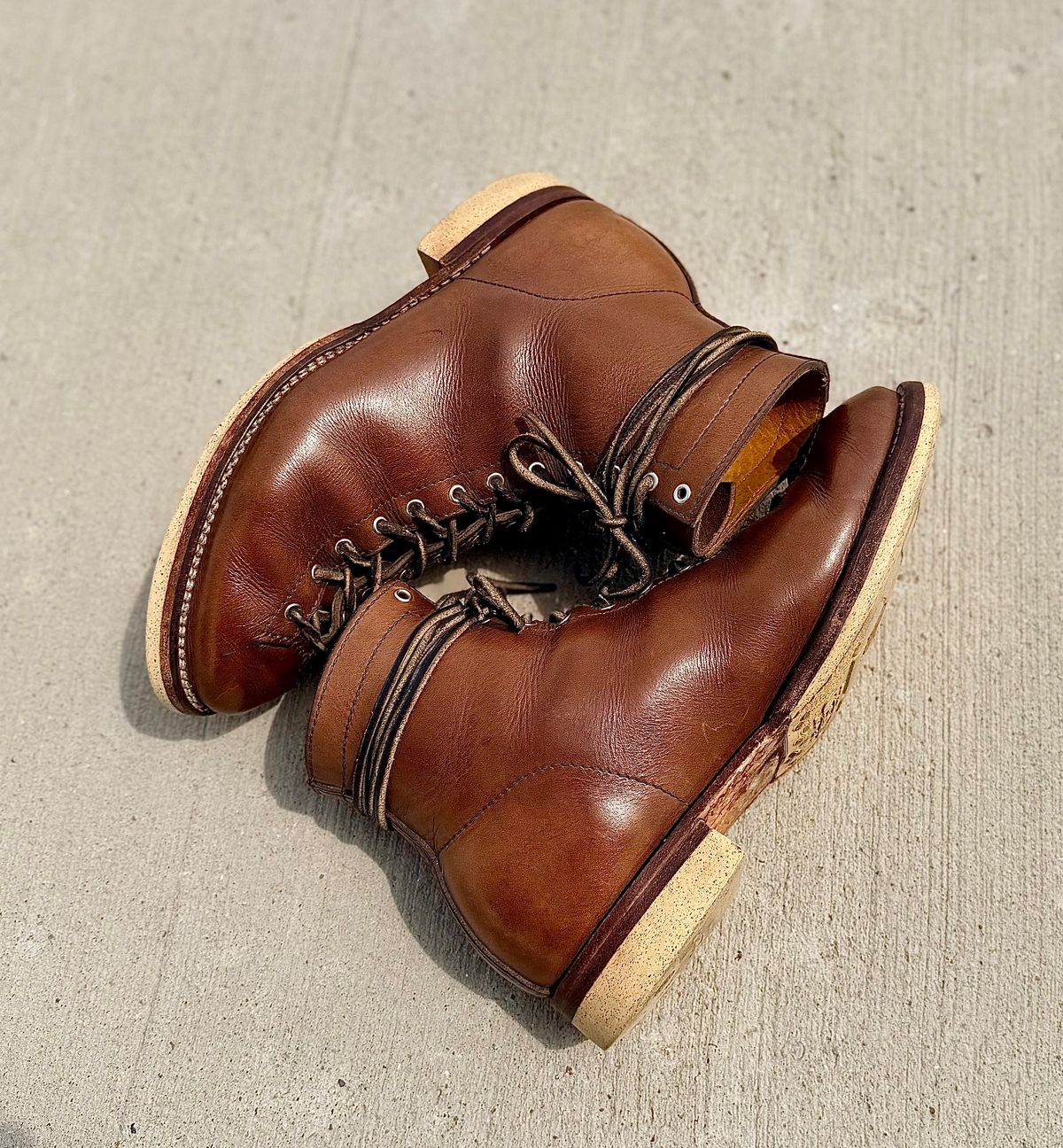 Photo by Bedrock on April 1, 2026 of the Oldspeed MFG Wholecut Monkey in Horween Natural Chromexcel.