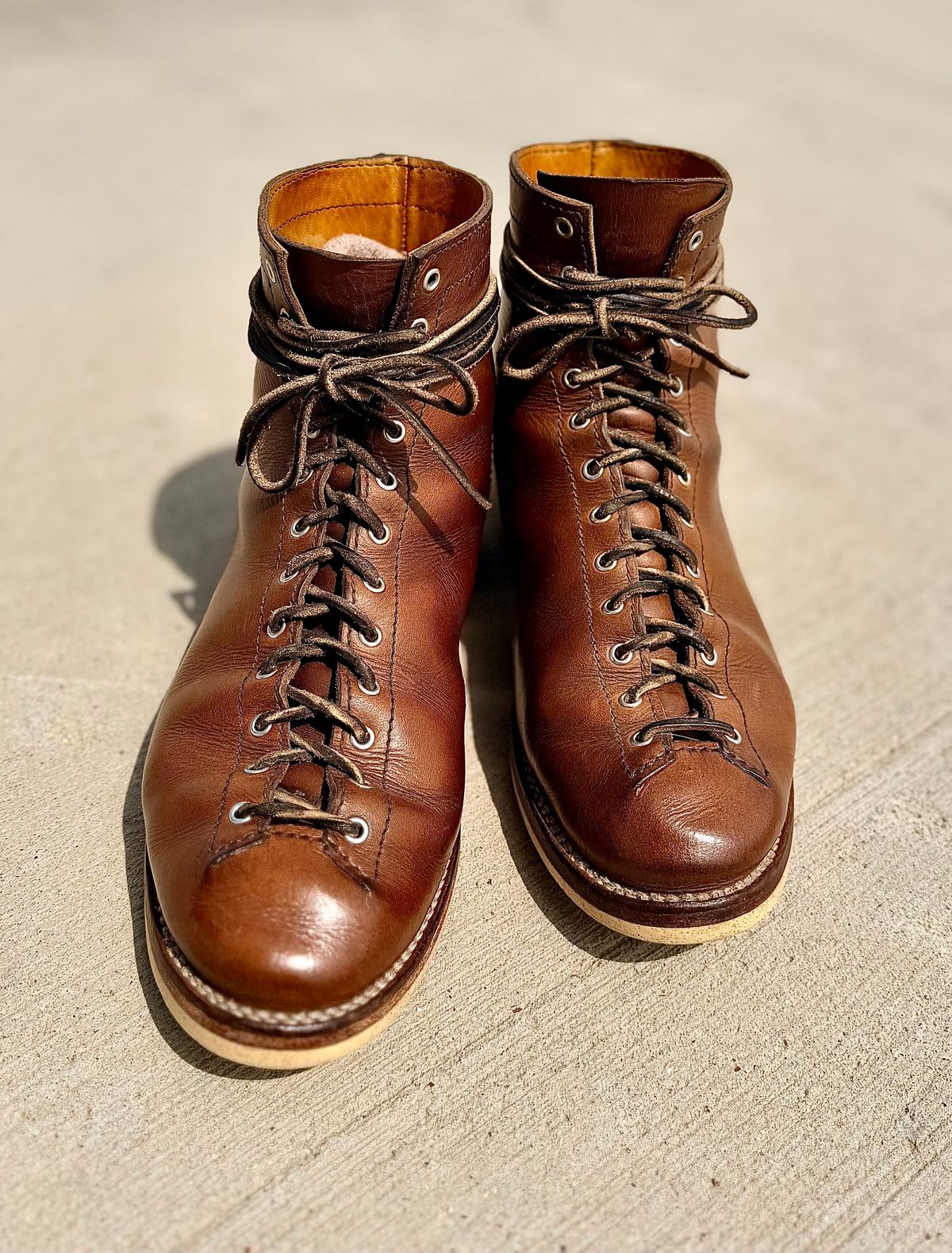 Photo by Bedrock on April 1, 2026 of the Oldspeed MFG Wholecut Monkey in Horween Natural Chromexcel.