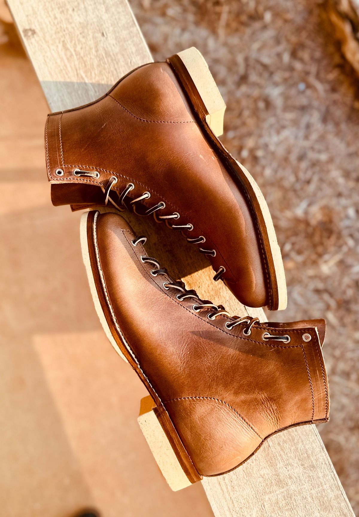 Photo by Bedrock on September 15, 2025 of the Oldspeed Wholecut Monkey in Horween Natural Chromexcel.
