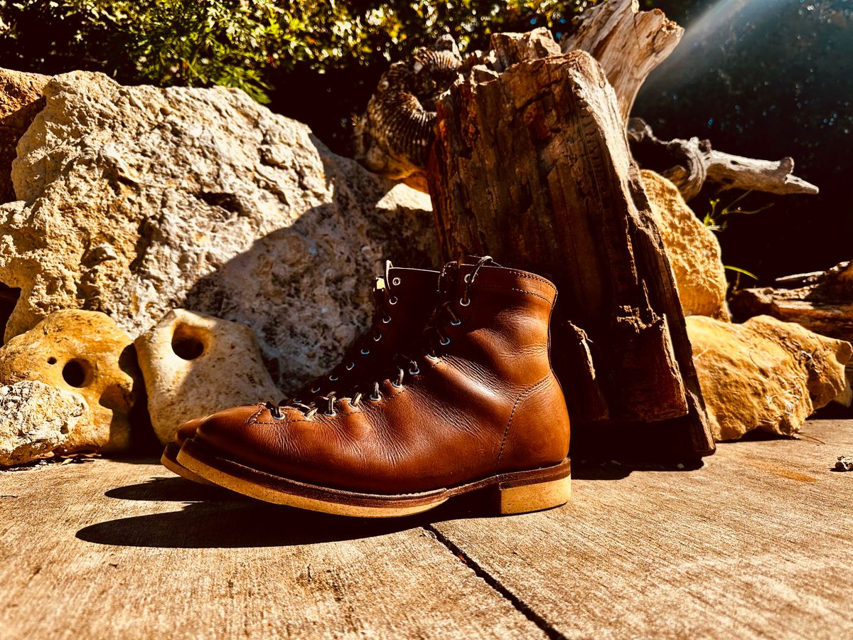 Photo by Bedrock on November 1, 2025 of the Oldspeed Wholecut Monkey in Horween Natural Chromexcel.