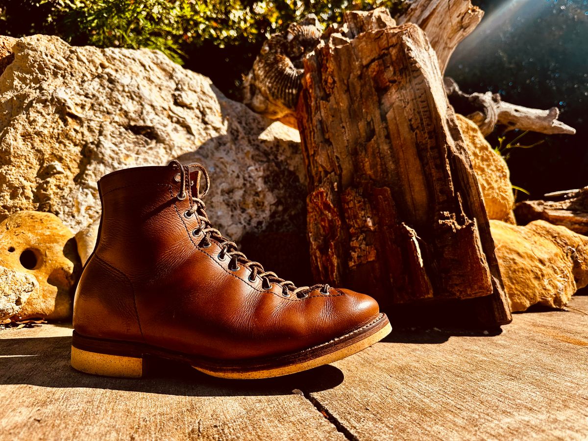 Photo by Bedrock on November 1, 2025 of the Oldspeed Wholecut Monkey in Horween Natural Chromexcel.