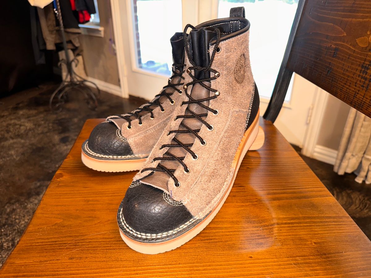 Photo by Bedrock on September 11, 2023 of the Frank's Boots Monkey Boot in Grey And Black Montana Bison.