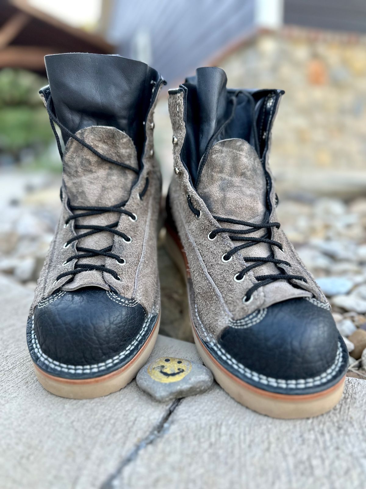 Photo by Bedrock on October 1, 2023 of the Frank's Boots Monkey Boot in Grey And Black Montana Bison.