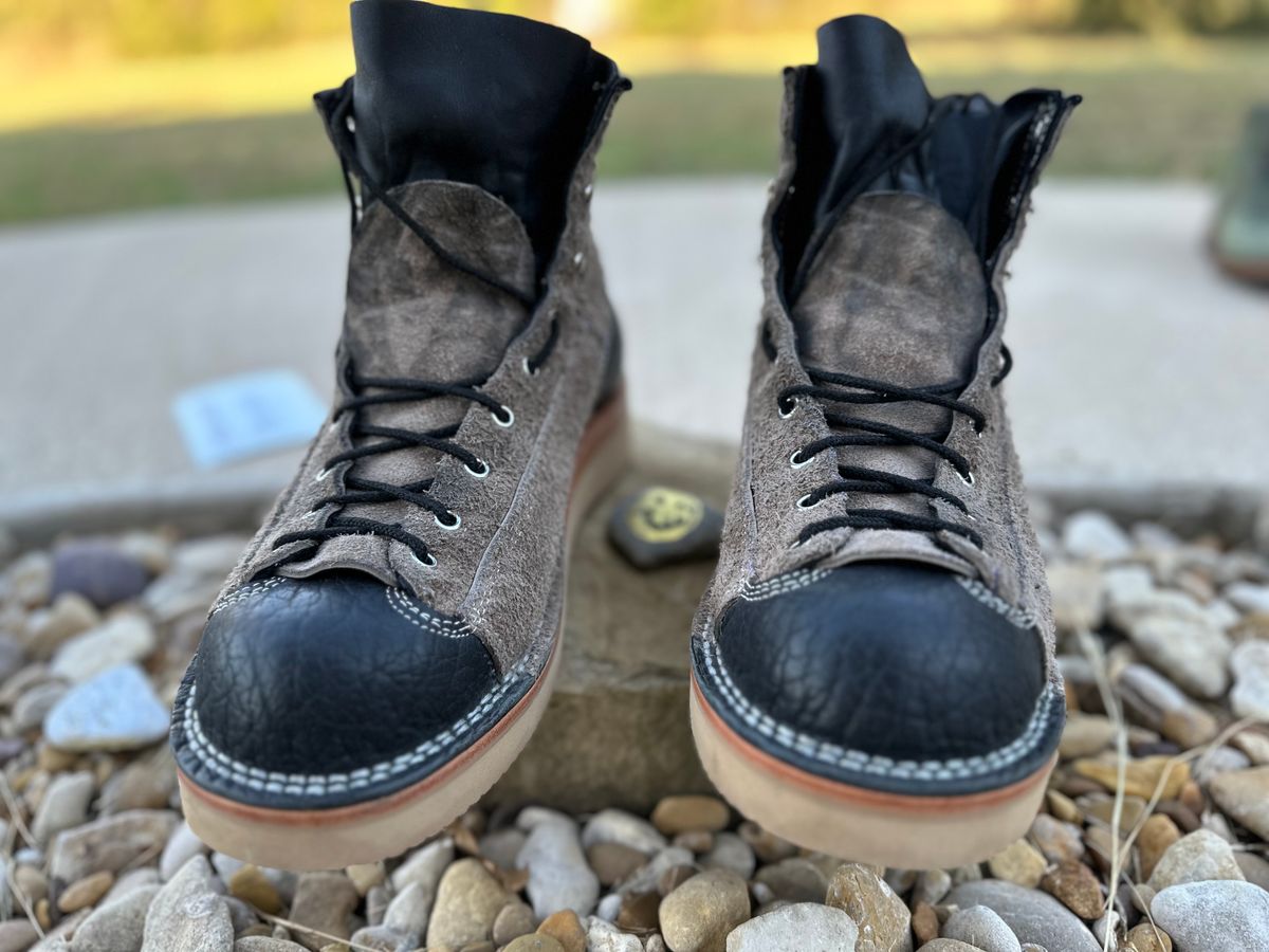 Photo by Bedrock on October 1, 2023 of the Frank's Boots Monkey Boot in Grey And Black Montana Bison.
