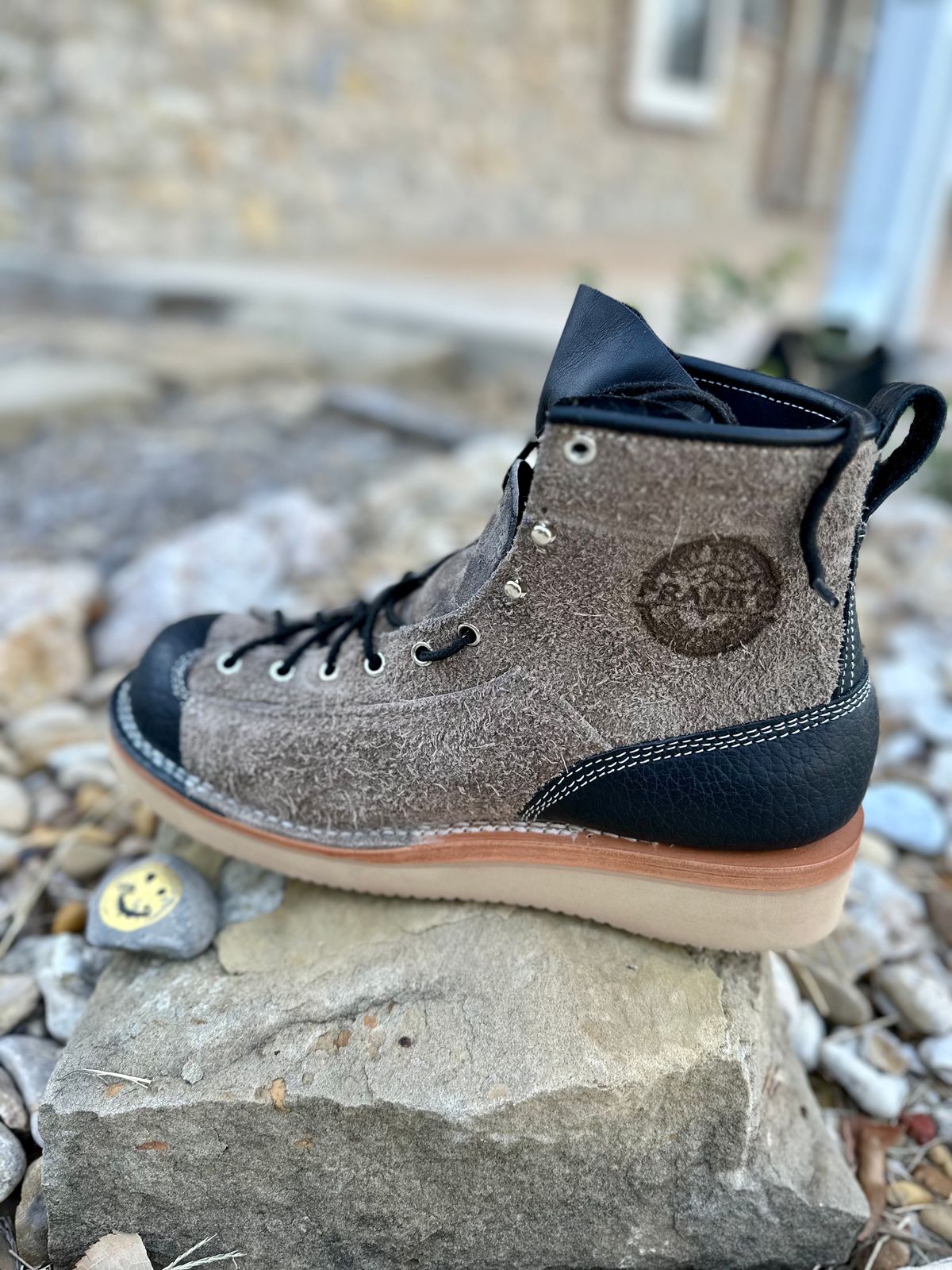 Photo by Bedrock on October 1, 2023 of the Frank's Boots Monkey Boot in Grey And Black Montana Bison.