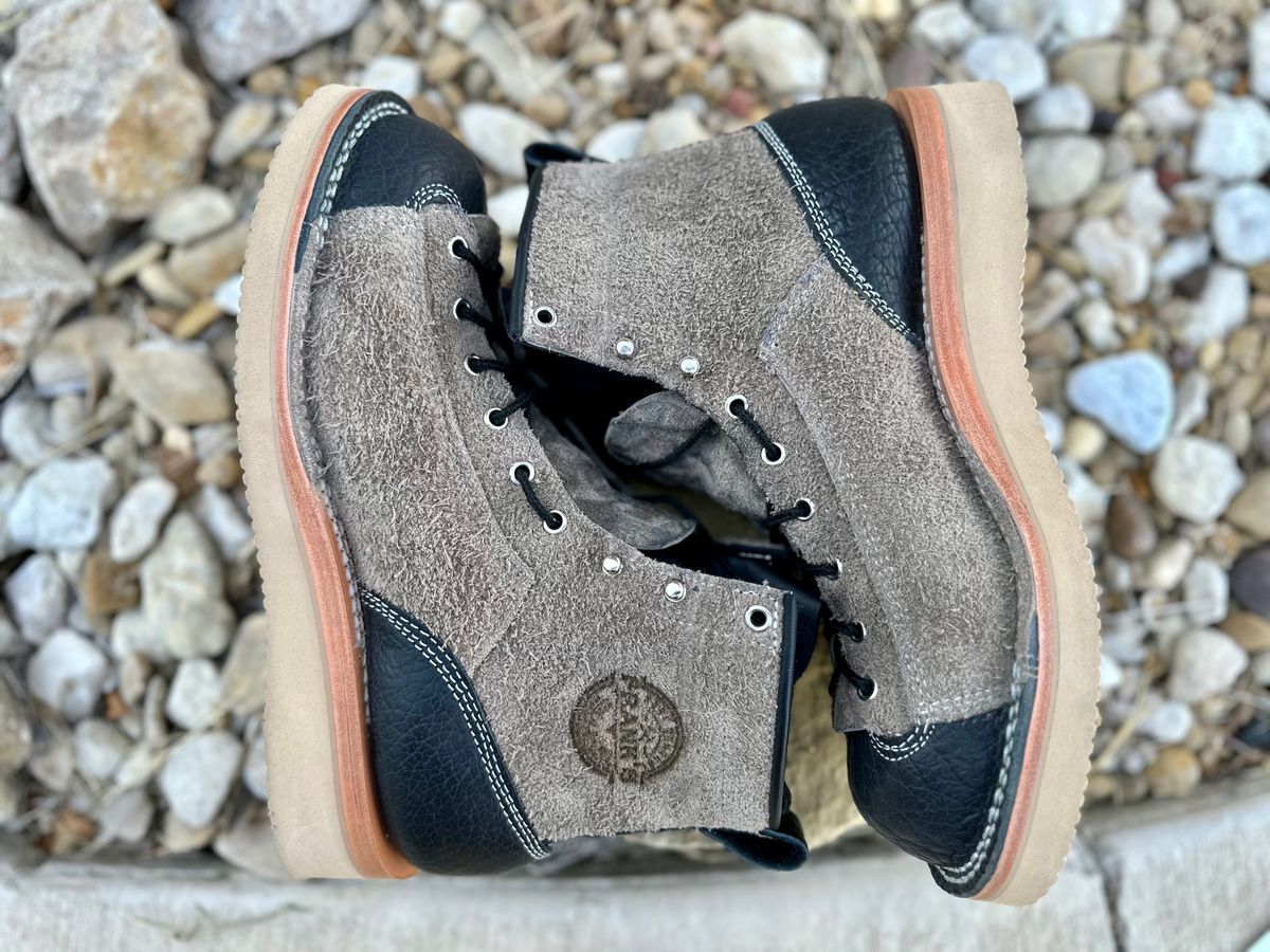 Photo by Bedrock on October 1, 2023 of the Frank's Boots Monkey Boot in Grey And Black Montana Bison.