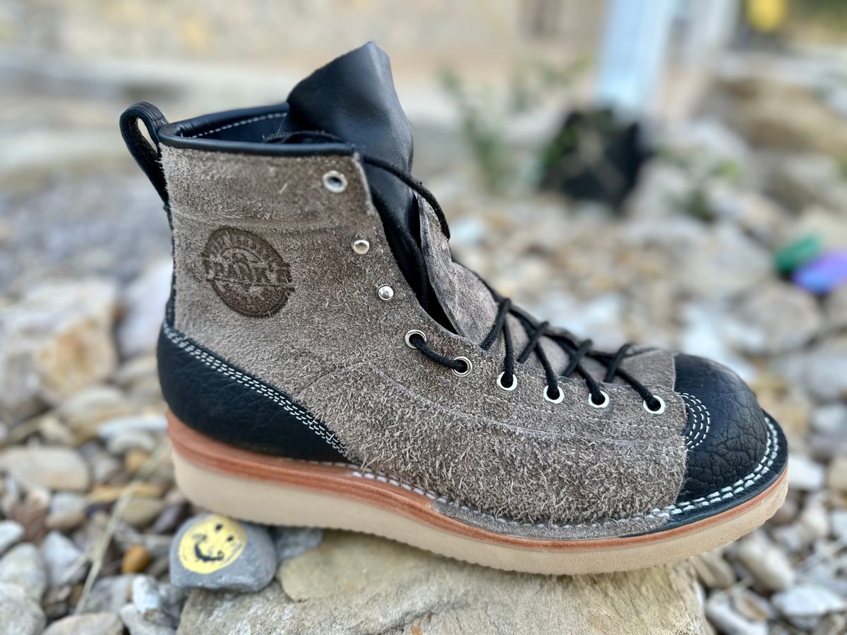Photo by Bedrock on October 1, 2023 of the Frank's Boots Monkey Boot in Grey And Black Montana Bison.