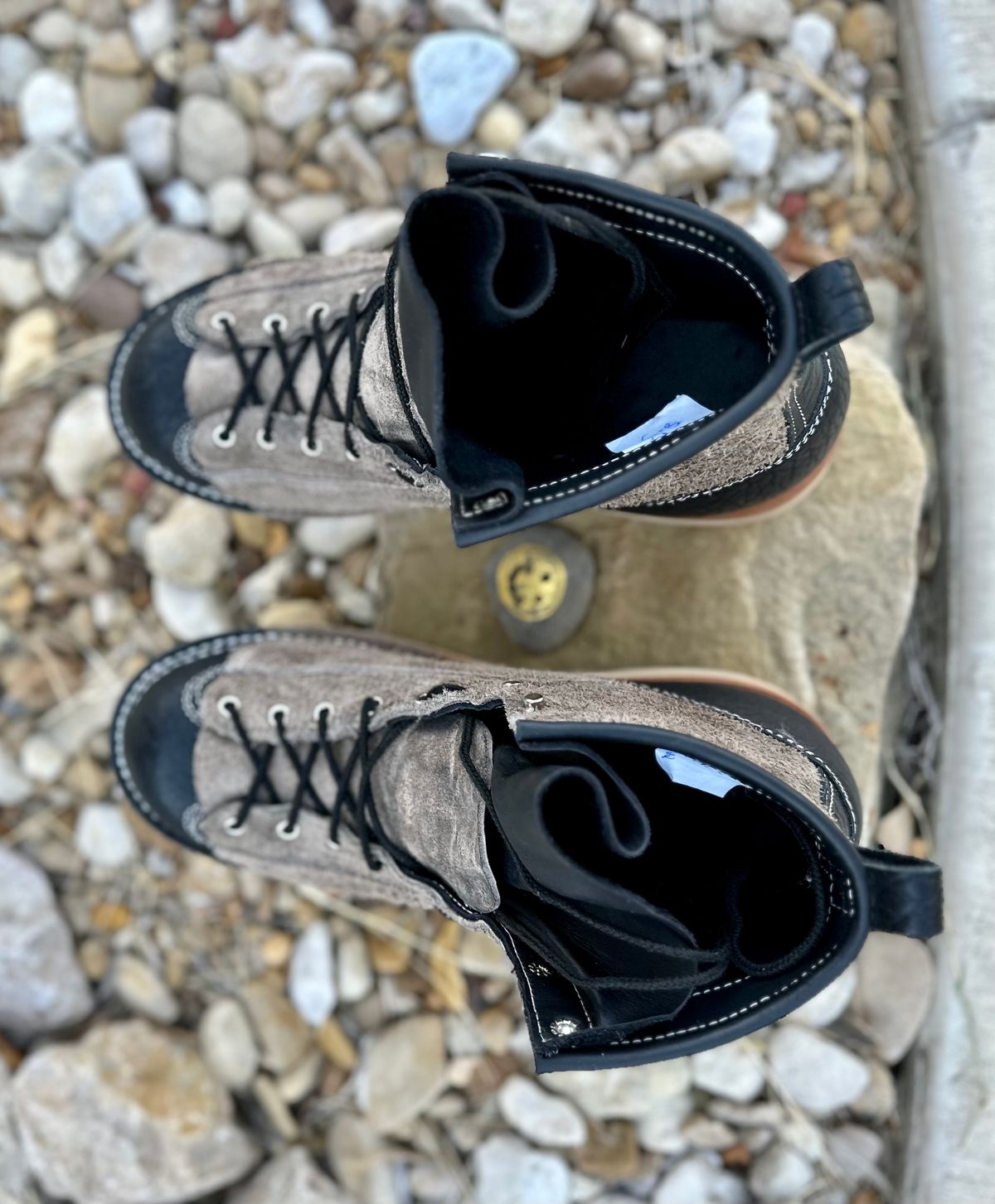 Photo by Bedrock on October 1, 2023 of the Frank's Boots Monkey Boot in Grey And Black Montana Bison.