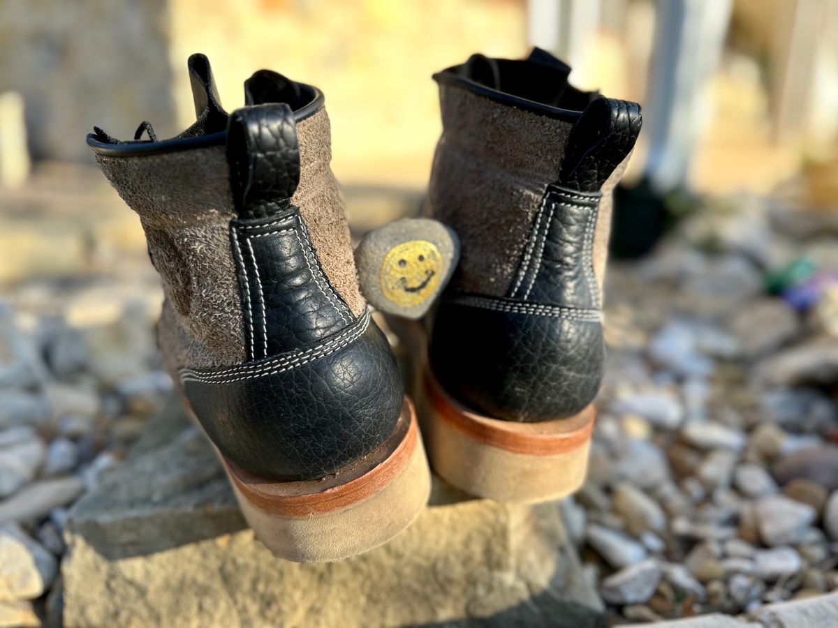 Photo by Bedrock on November 3, 2023 of the Frank's Boots Monkey Boot in Grey And Black Montana Bison.