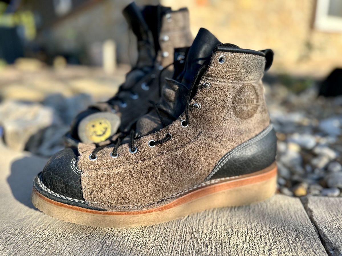 Photo by Bedrock on November 3, 2023 of the Frank's Boots Monkey Boot in Grey And Black Montana Bison.