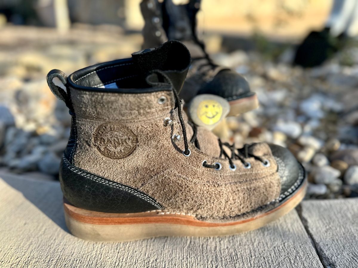 Photo by Bedrock on November 3, 2023 of the Frank's Boots Monkey Boot in Grey And Black Montana Bison.
