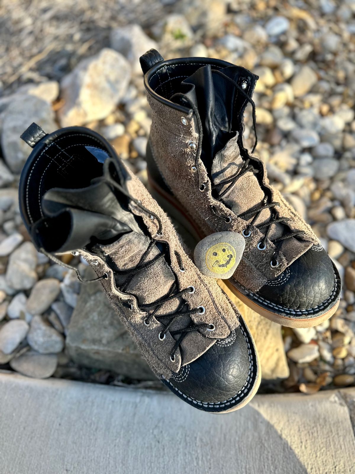 Photo by Bedrock on November 3, 2023 of the Frank's Boots Monkey Boot in Grey And Black Montana Bison.