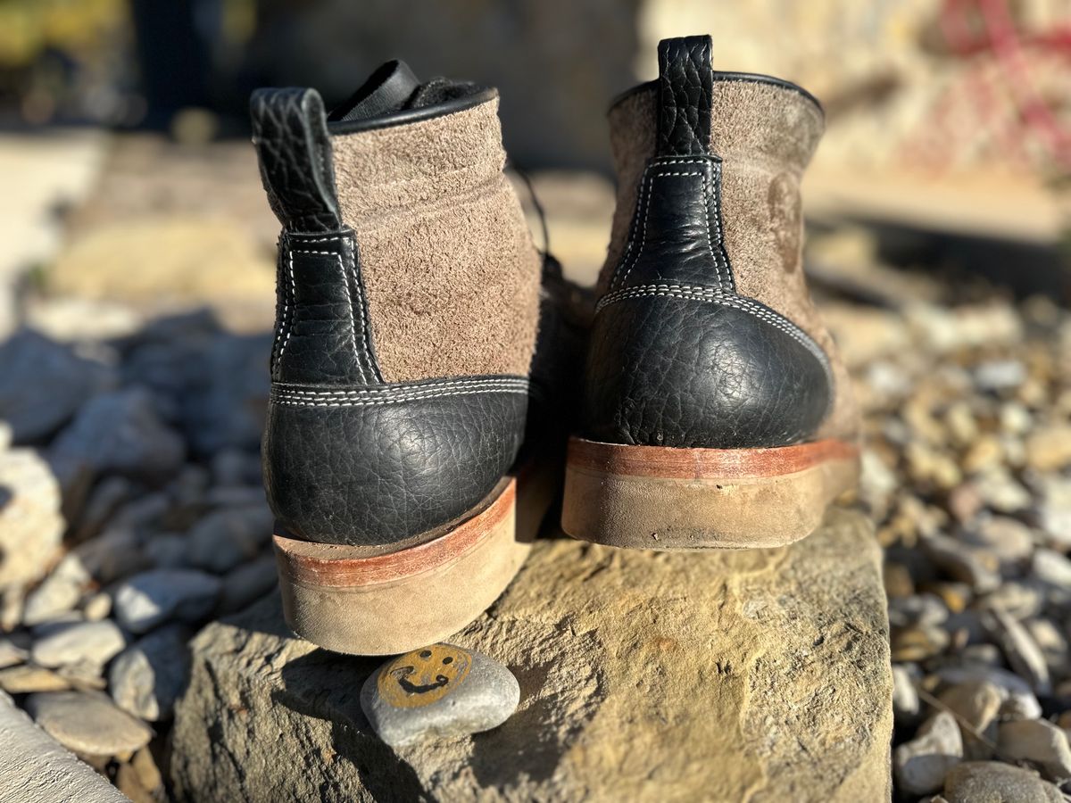 Photo by Bedrock on December 2, 2023 of the Frank's Boots Monkey Boot in Grey And Black Montana Bison.