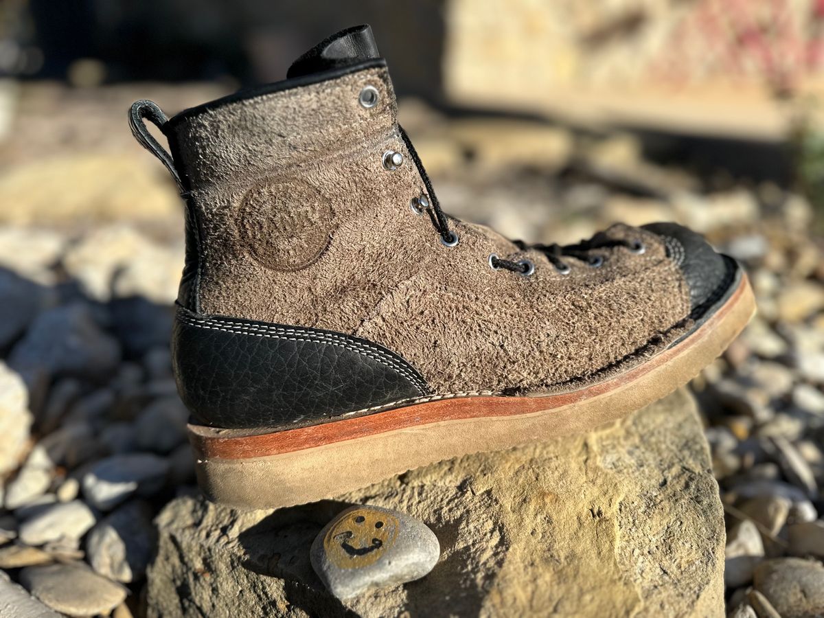 Photo by Bedrock on December 2, 2023 of the Frank's Boots Monkey Boot in Grey And Black Montana Bison.