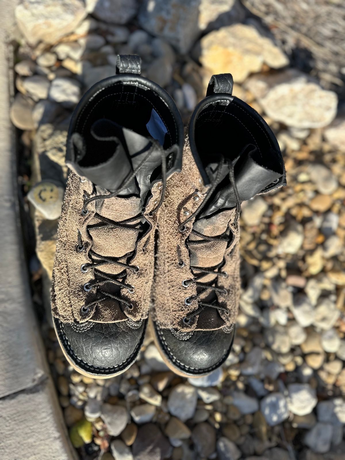 Photo by Bedrock on December 2, 2023 of the Frank's Boots Monkey Boot in Grey And Black Montana Bison.
