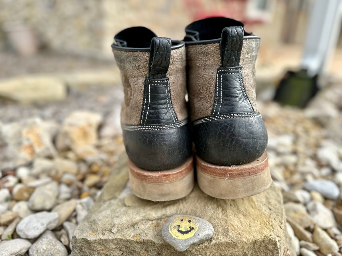 Photo by Bedrock on January 1, 2024 of the Frank's Boots Monkey Boot in Grey And Black Montana Bison.