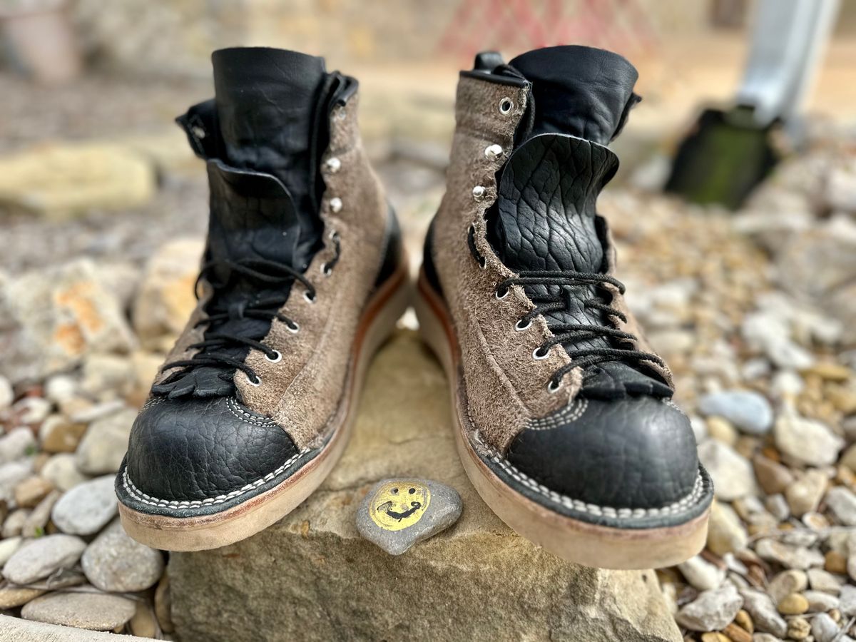 Photo by Bedrock on January 1, 2024 of the Frank's Boots Monkey Boot in Grey And Black Montana Bison.