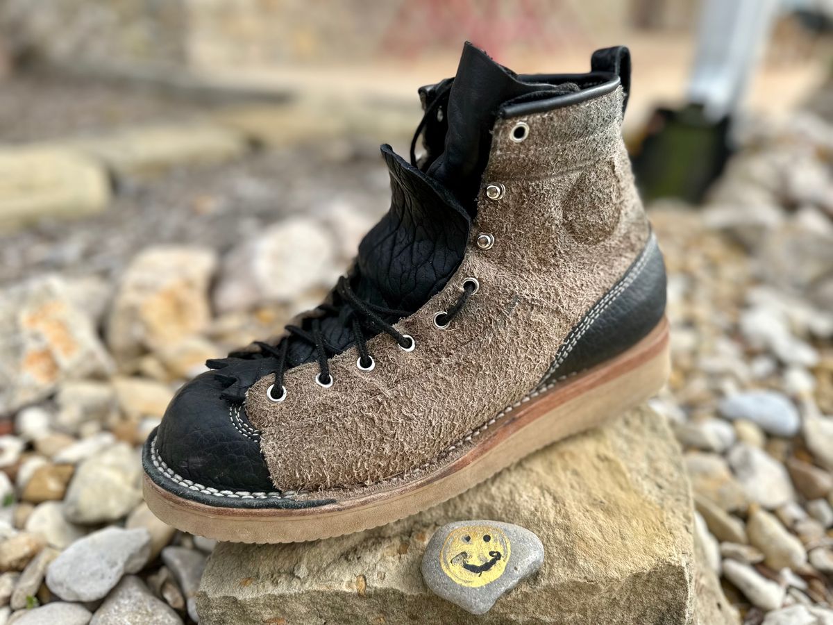 Photo by Bedrock on January 1, 2024 of the Frank's Boots Monkey Boot in Grey And Black Montana Bison.