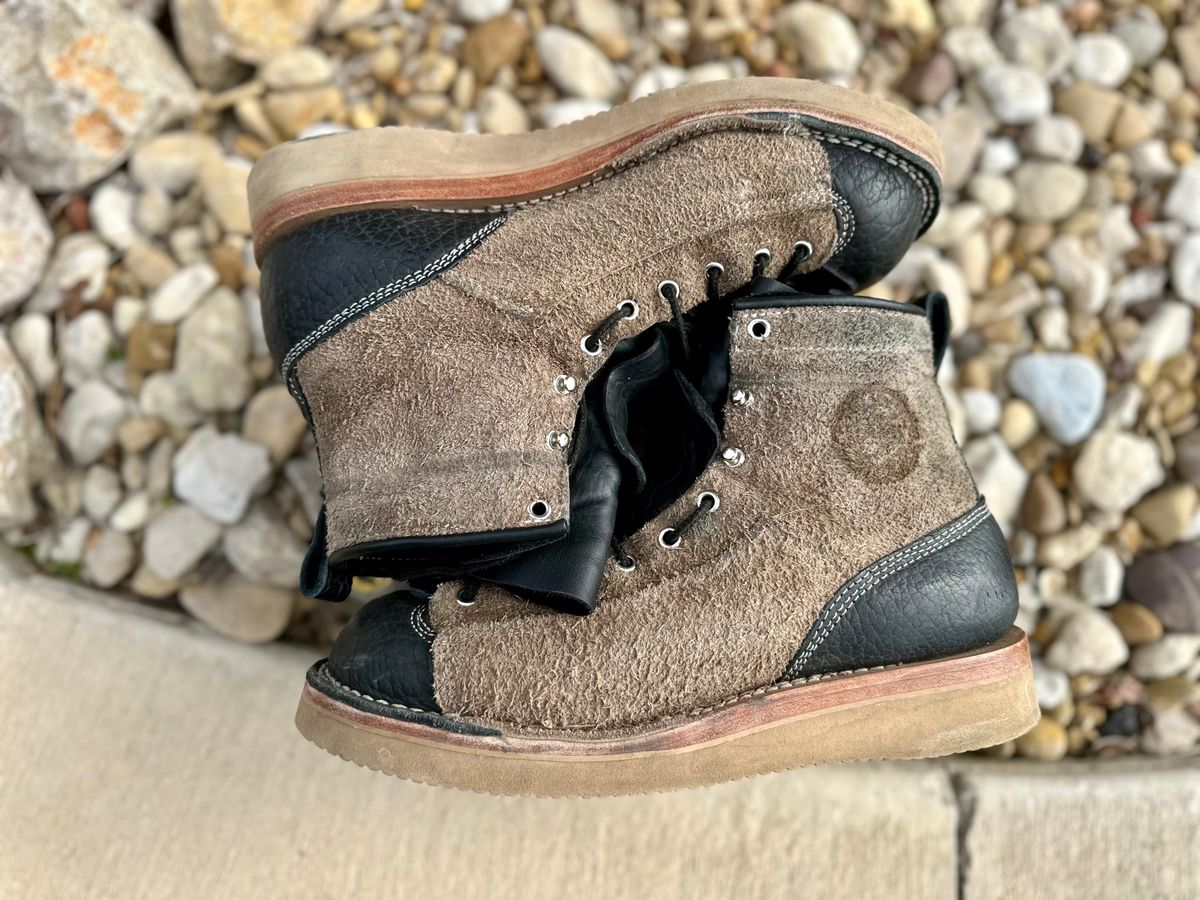 Photo by Bedrock on January 1, 2024 of the Frank's Boots Monkey Boot in Grey And Black Montana Bison.